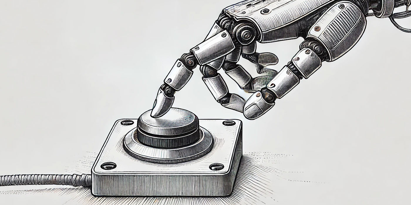 Illustration of a robot hand pushing a button