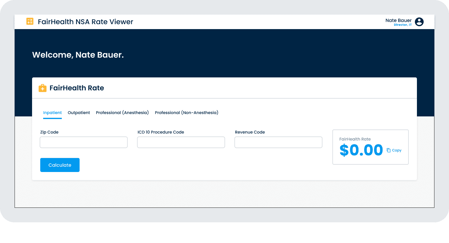Screenshot of the FairHealth Calculator Inpatient tab