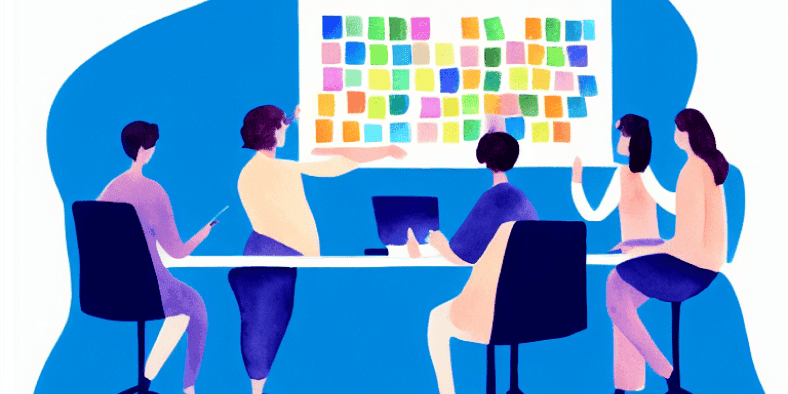 Illustration of multiple people doing a whiteboarding exercise