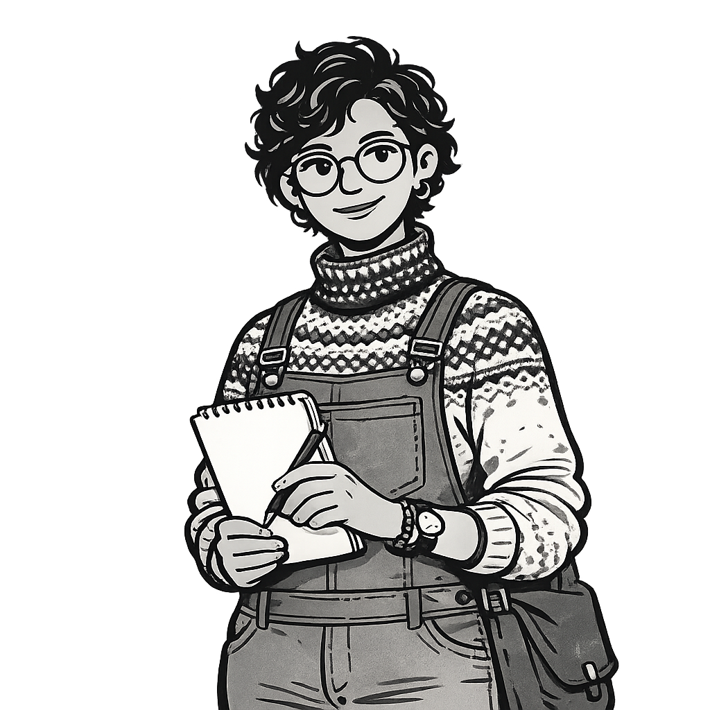 Illustrated portrait of a Business Analyst — curly-haired person in overalls with glasses, holding a notepad