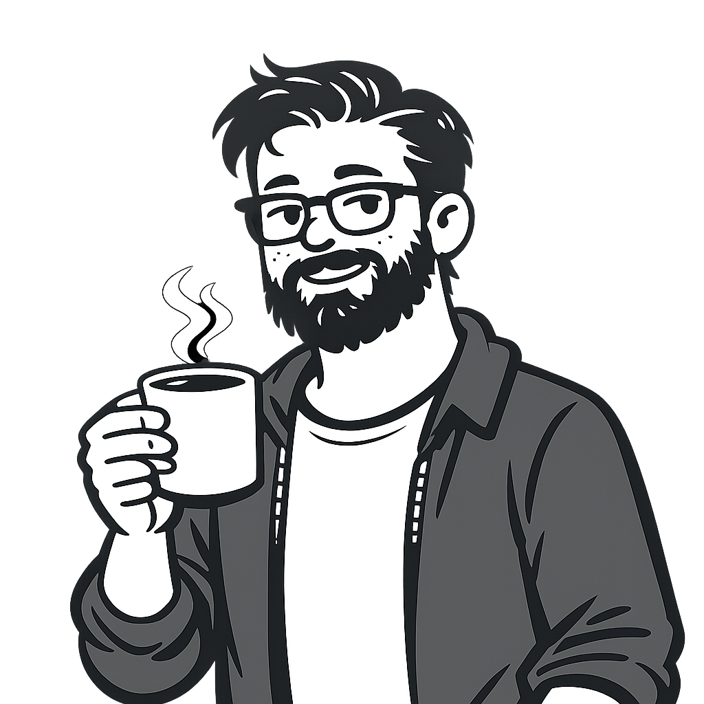 Illustrated portrait of a Business Analyst — bearded man with glasses holding a steaming cup of coffee