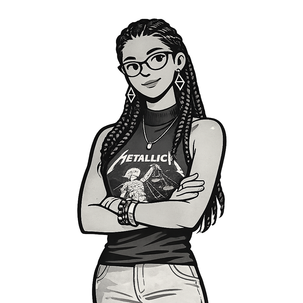 Illustrated portrait of a Business Analyst — woman with long braids and glasses, arms crossed, wearing a band tee