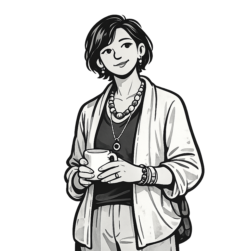 Illustrated portrait of a Product Owner — woman with shoulder-length hair in a cardigan, holding a mug, satchel on her shoulder