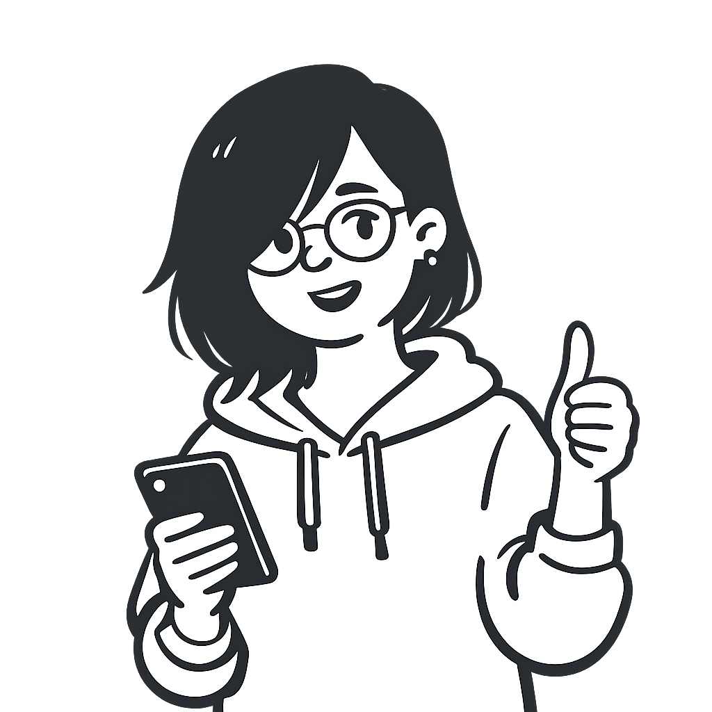 Illustrated portrait of the Product Owner — young woman with glasses, hoodie, holding a phone, thumbs up