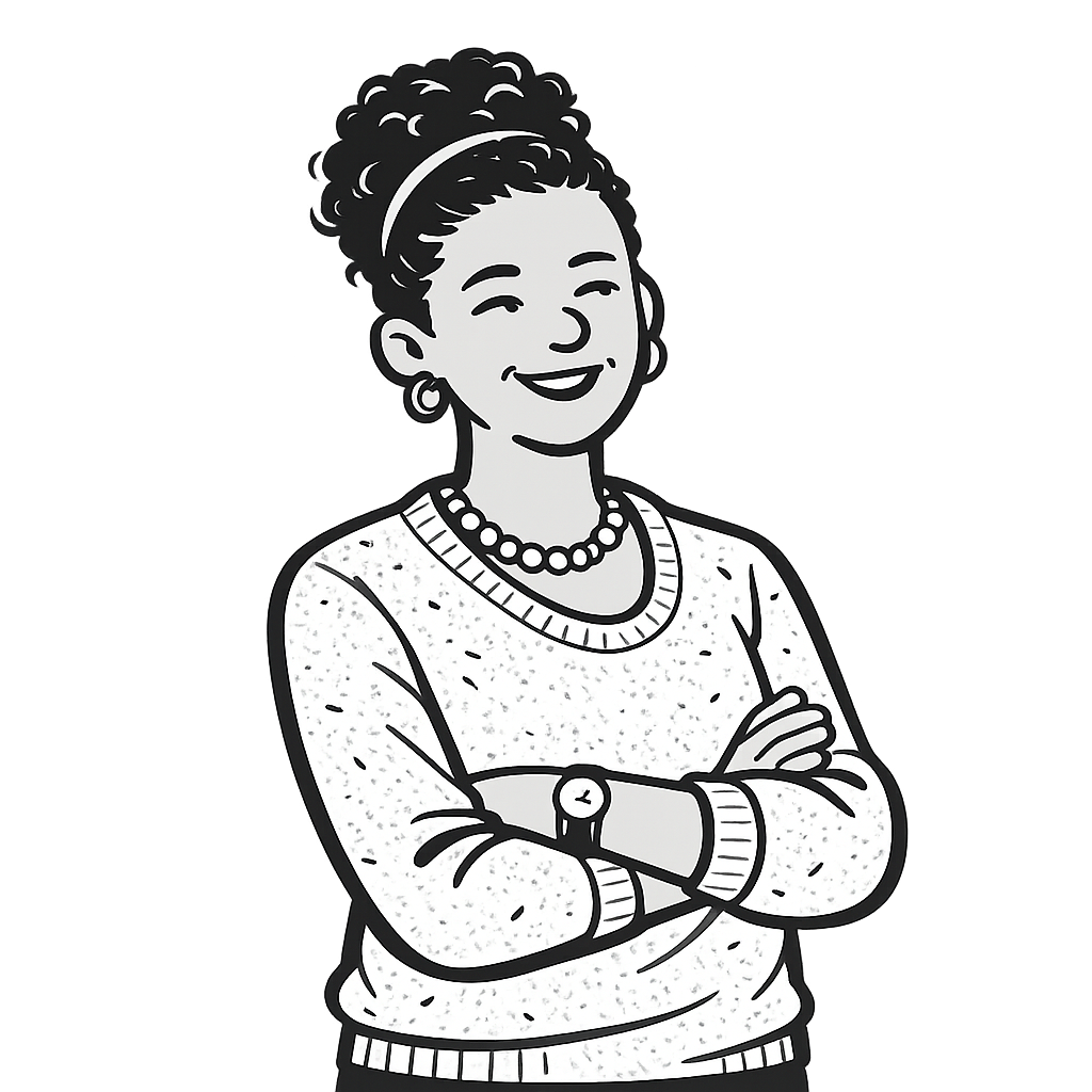 Illustrated portrait of the Senior Manager — woman with curly hair in a blazer, arms crossed