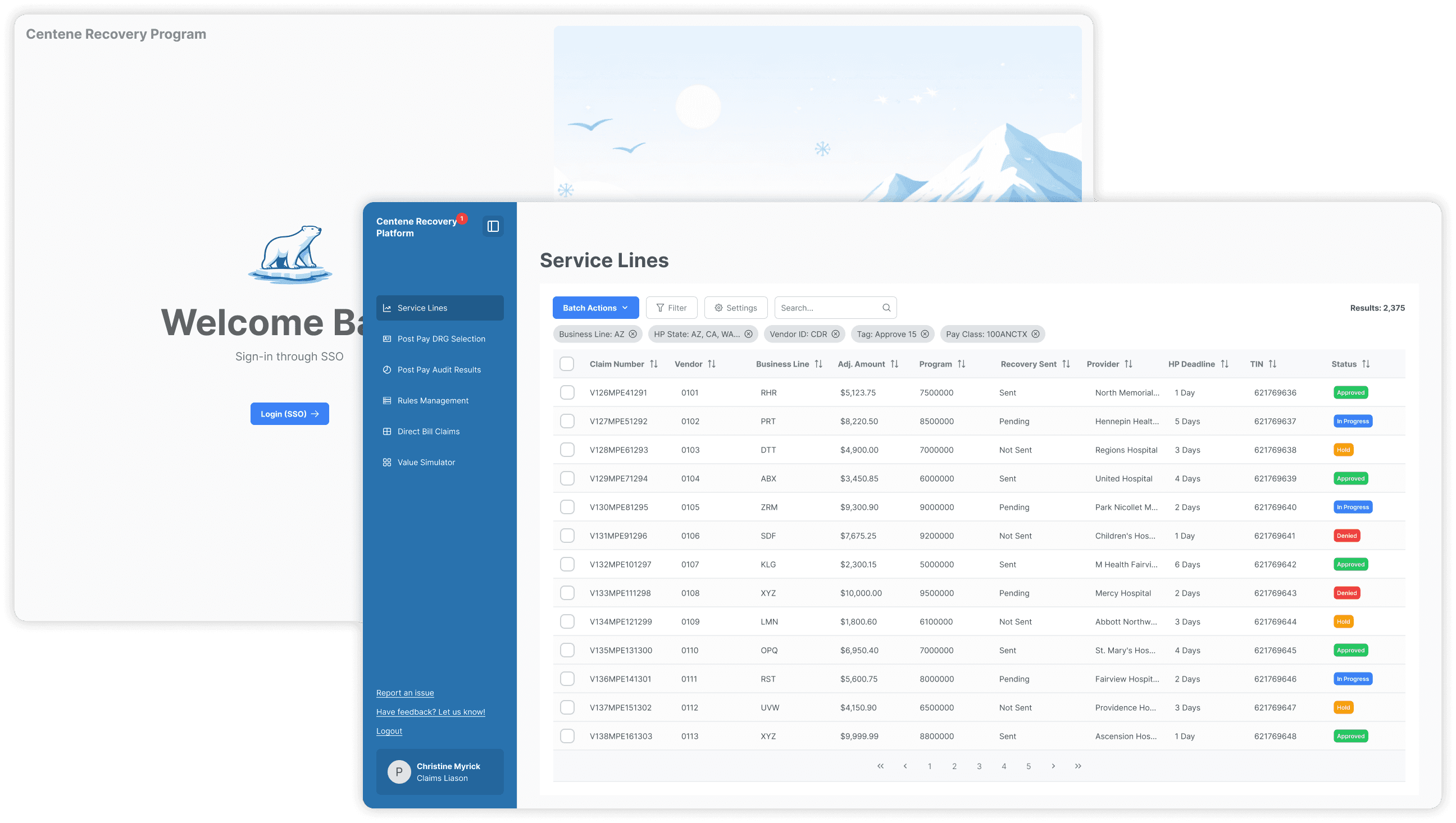 Centene recovery platform — claims dashboard with case list and detail panel