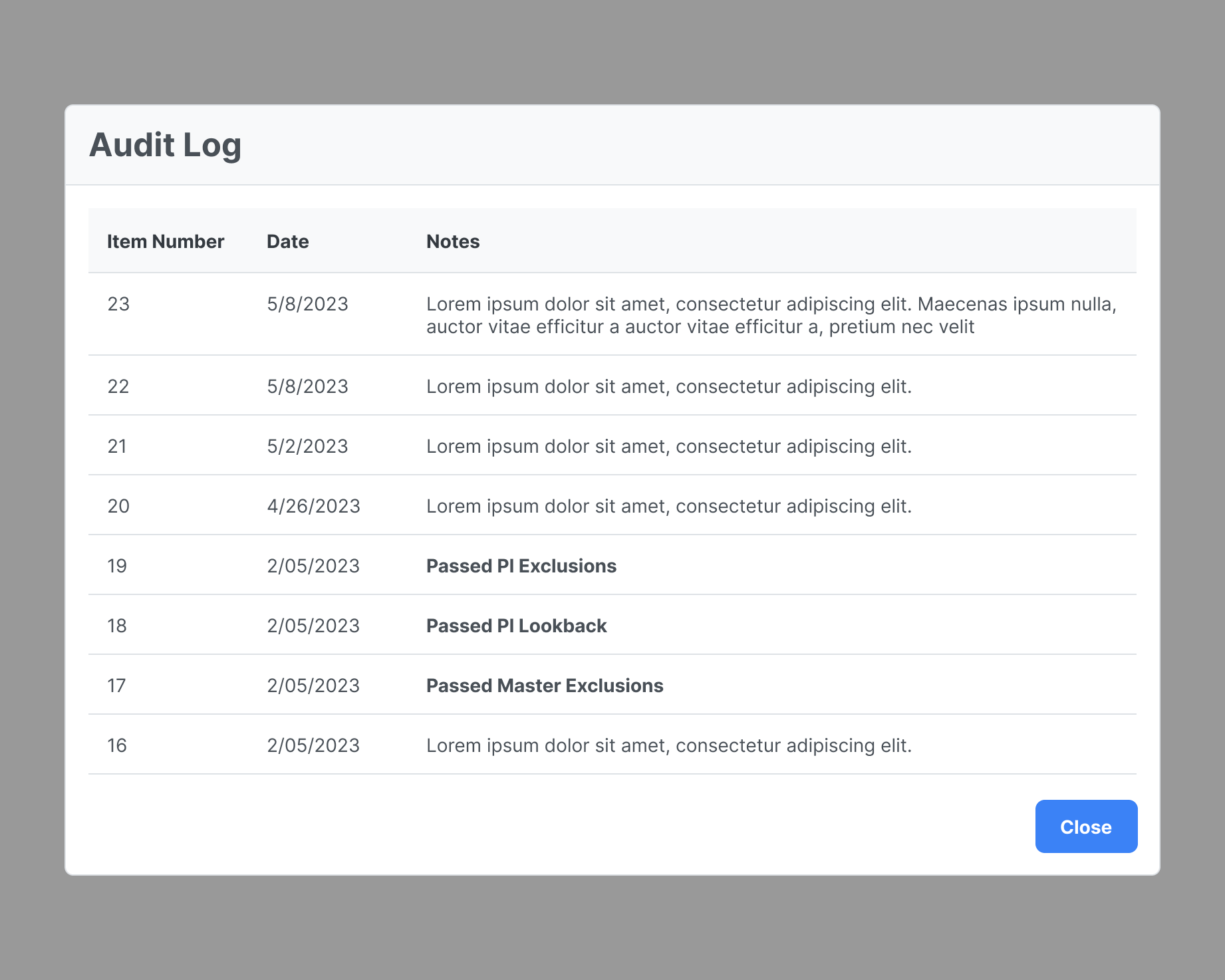 Audit Log modal — full history of a claim, by item number, date, and note