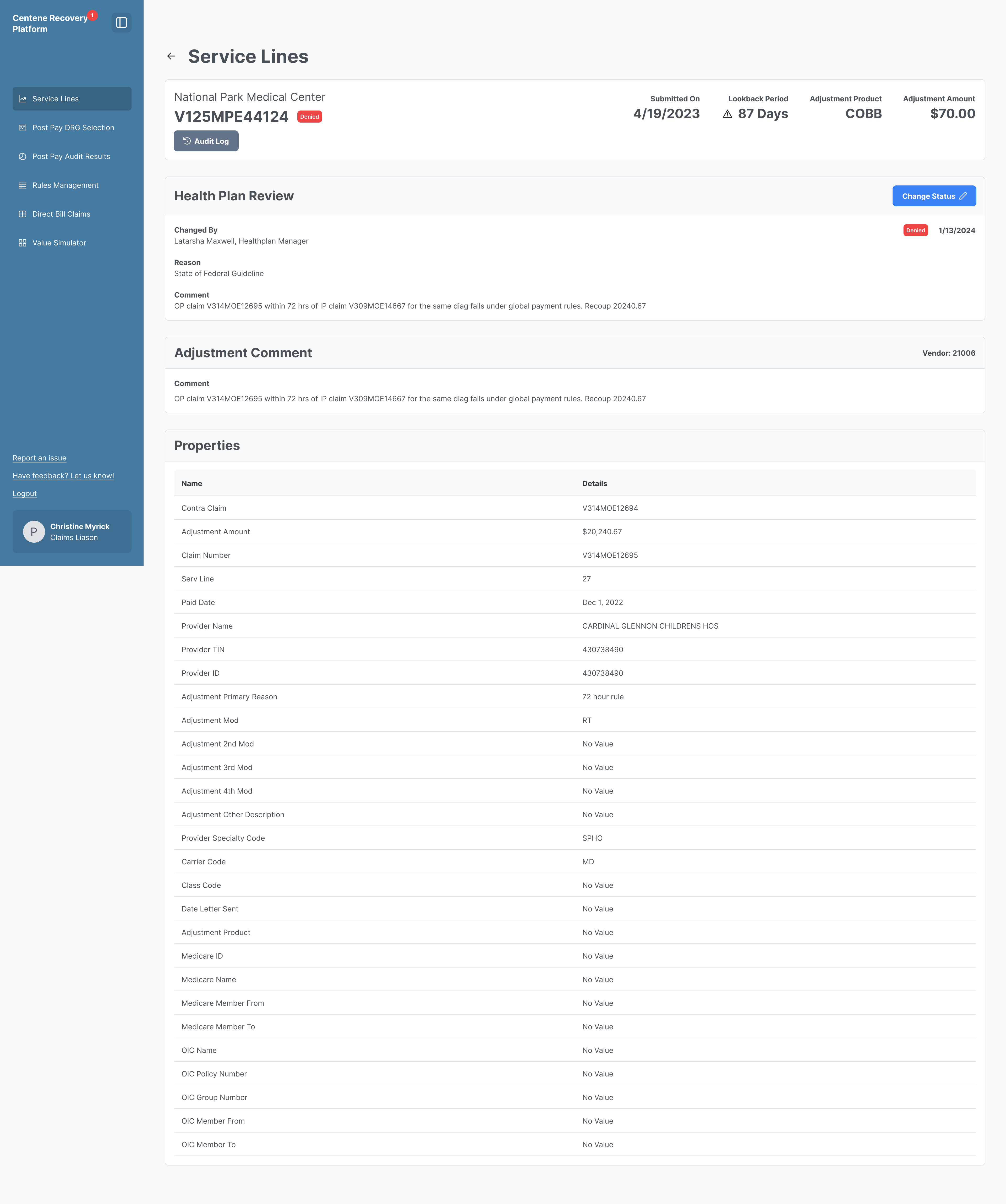 Service Lines claim detail — Health Plan Review verdict, adjustment comment, and full structured properties