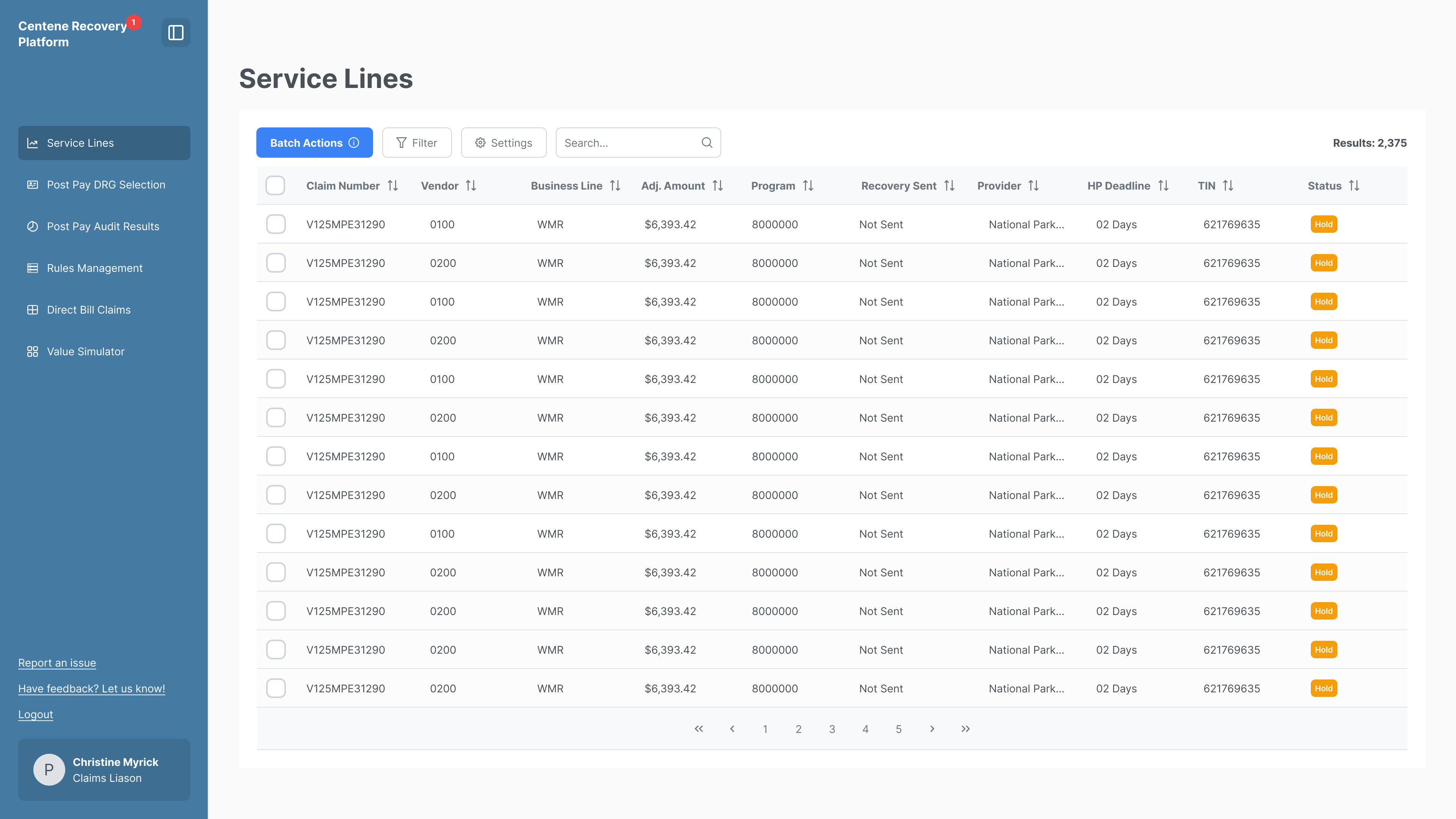 Service Lines dashboard — the analyst's home, with the full sidebar, claims toolbar, and sortable claims table