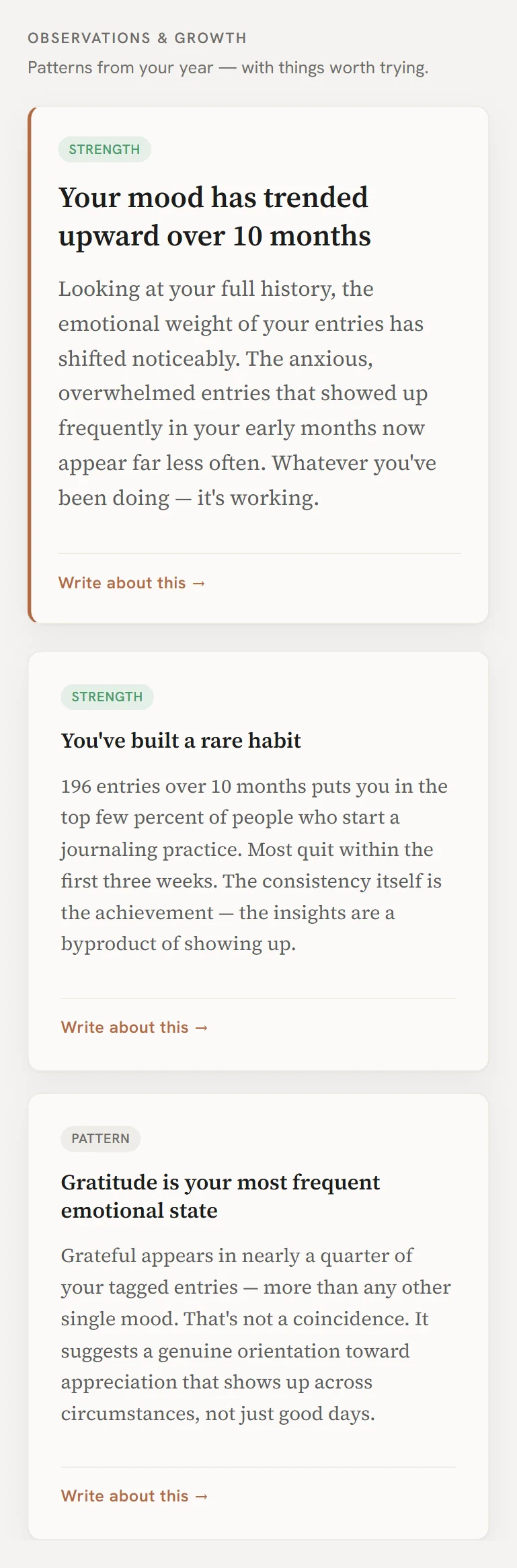 Observation cards stacked on mobile: a featured Strength insight followed by a Strength and a Pattern card, each with concrete suggested actions