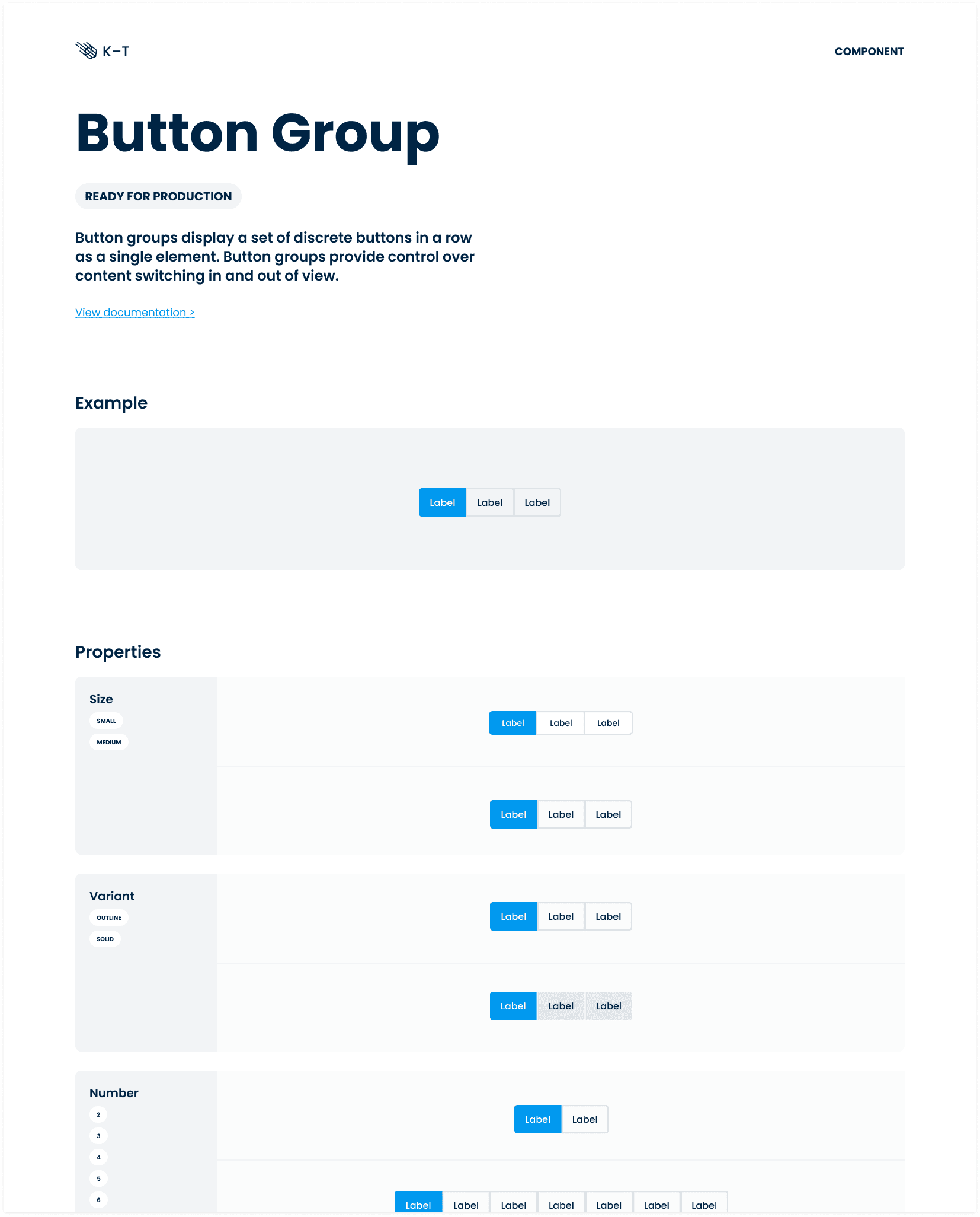 Showcase of what the Button Group component looks like in the K-T design system