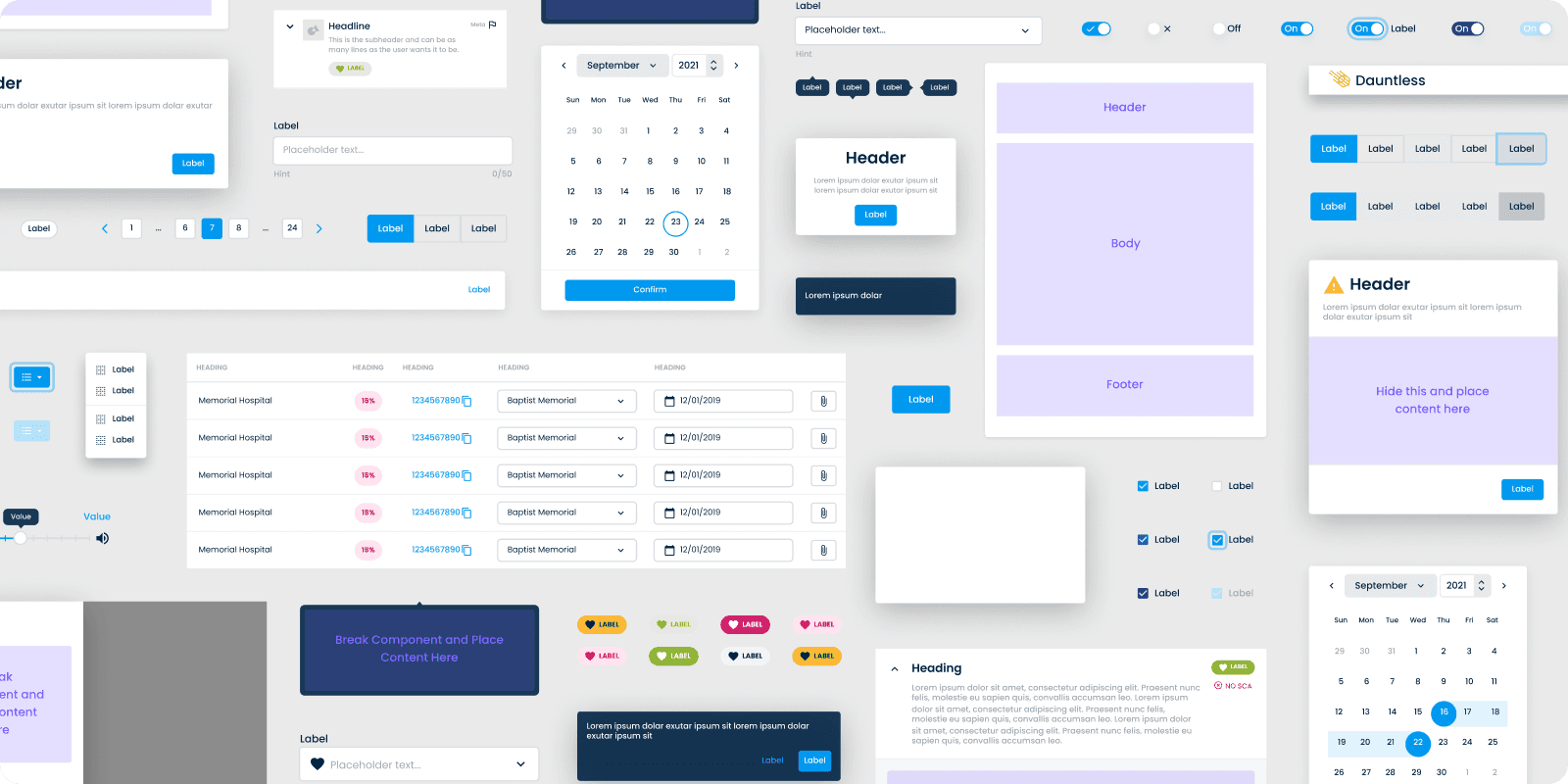K-T design system — sample of buttons, cards, and form components